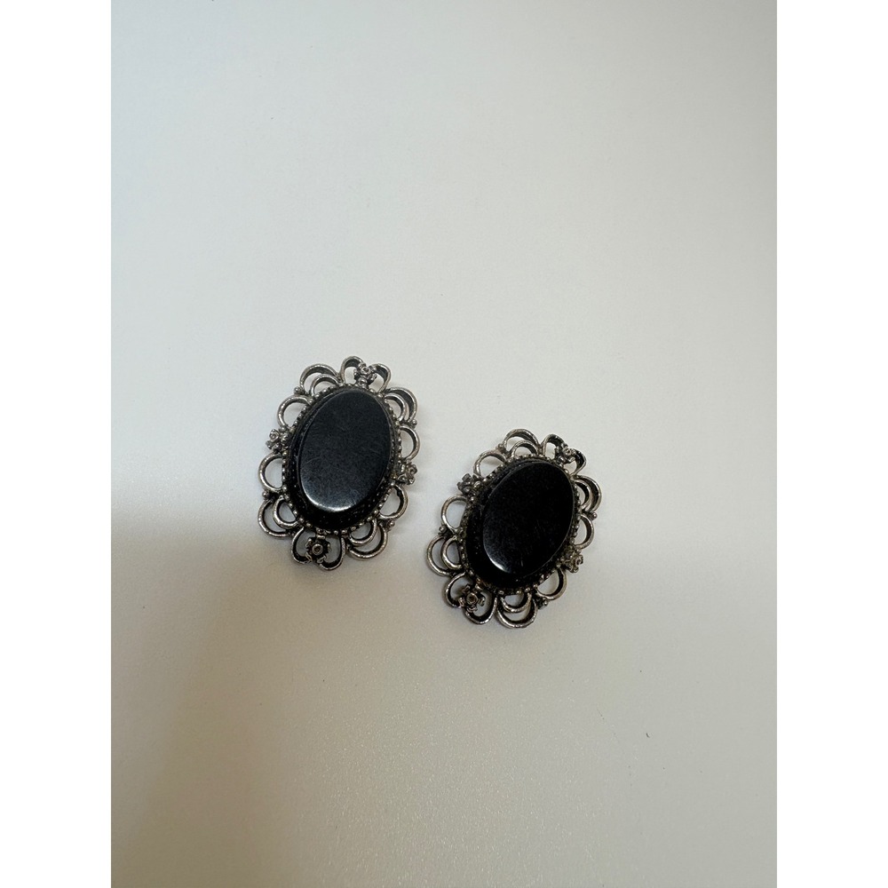 Emmons Vintage Silver Tone Black Cabochon Filigree Clip On Earrings Oval